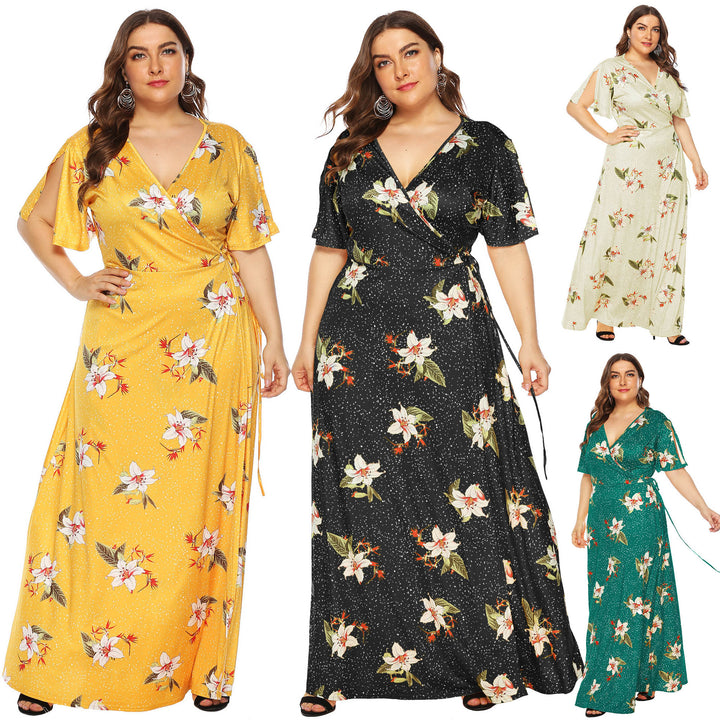 Damen Maxi-Kleid mit eleganten Flügelärmeln und tiefem V-Ausschnitt Drune