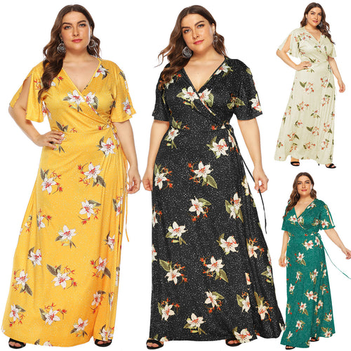 Damen Maxi-Kleid mit eleganten Flügelärmeln und tiefem V-Ausschnitt Drune