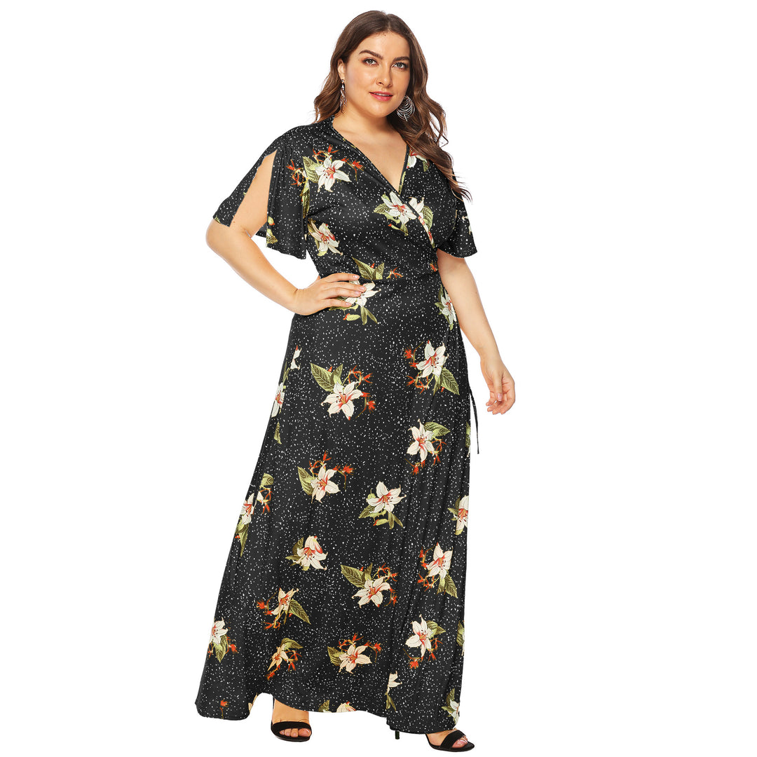 Damen Maxi-Kleid mit eleganten Flügelärmeln und tiefem V-Ausschnitt Drune