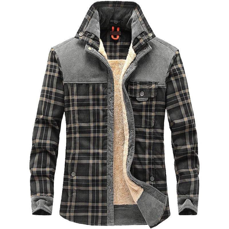 Herren karierte Thermo‑Hemdjacke mit Teddyfutter und Cord‑Schulterpasse Drune