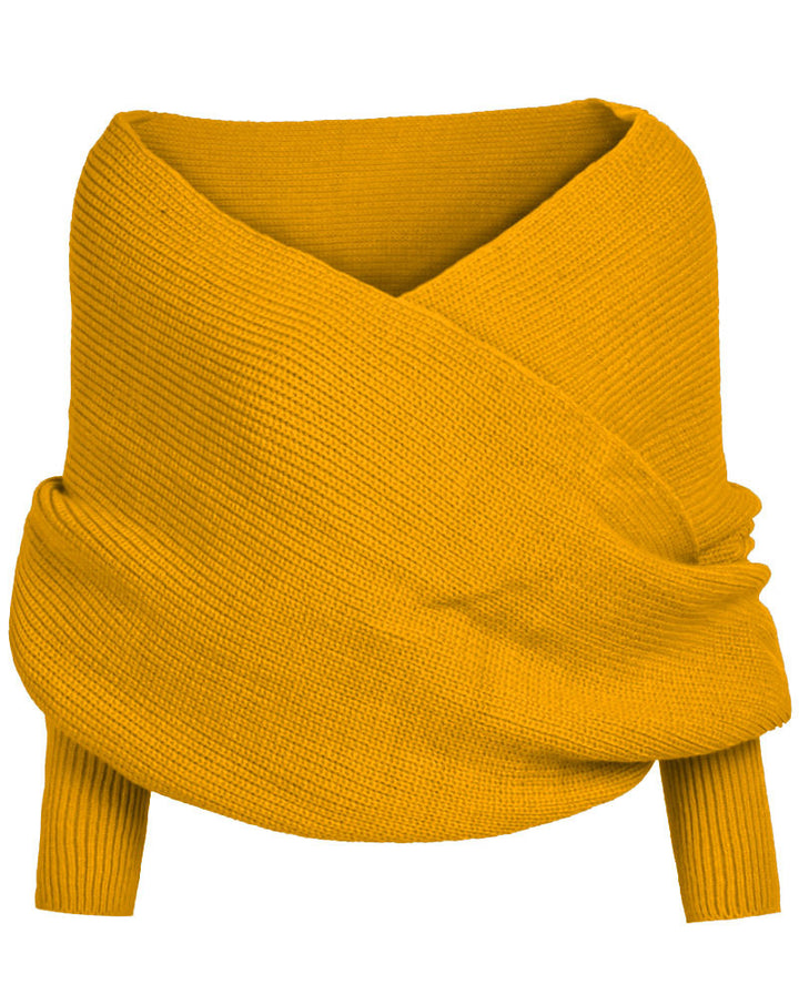 Damen Oversize Schulterfreier Wickelstrickpullover aus Rippstrick Drune