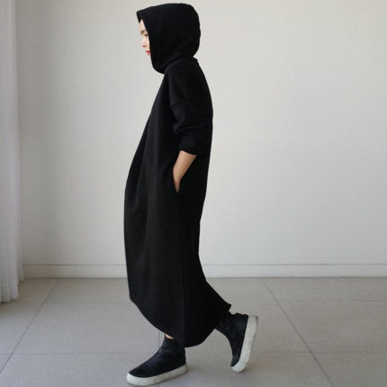 Damen Maxikleid‑Hoodie aus schwerem Sweat mit kastiger Oversize‑Silhouette Drune