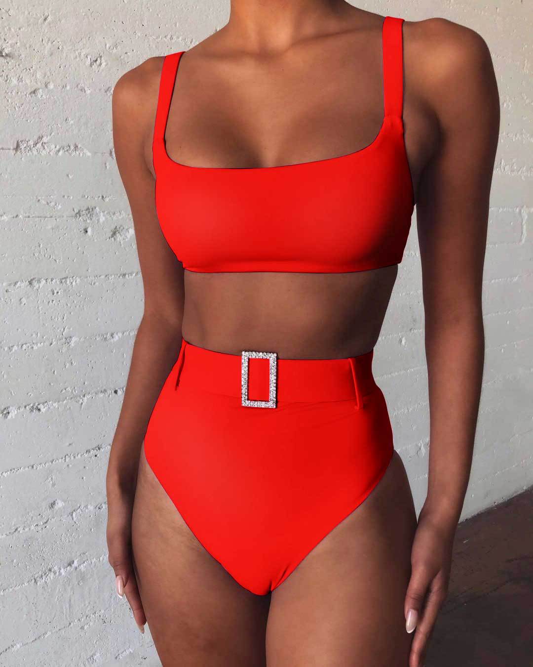 Damen Hoch tailliertes Bikini-Set mit funkelndem Gürtel Drune