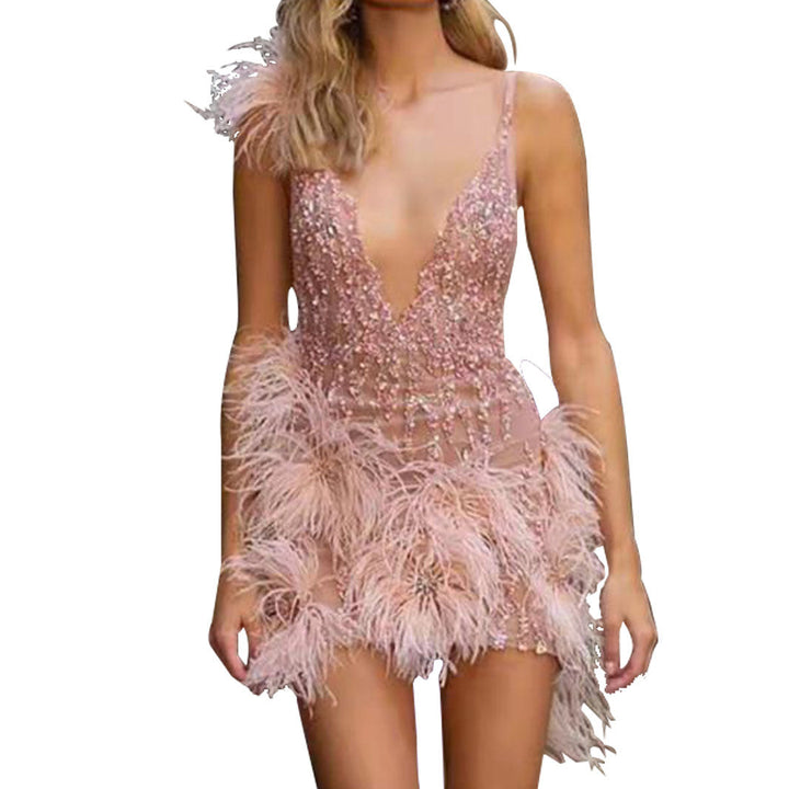 Damen Glamouröses Paillettenkleid mit Federapplikationen Drune