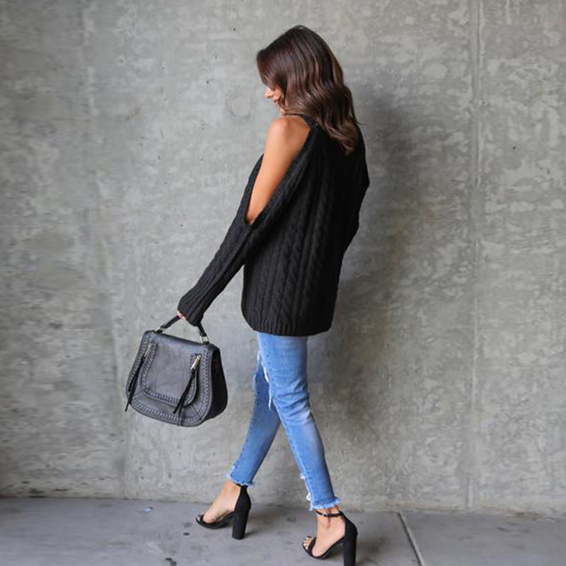 Damen Grobstrick Pullover mit offenem Schulterdesign und lässiger Passform Drune