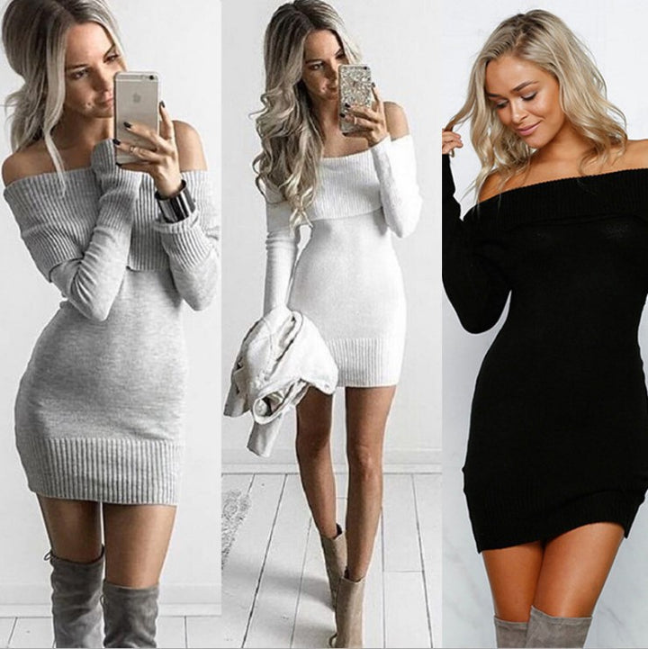 Damen Strickkleid mit lässigem Off-Shoulder-Design und Rippstruktur Drune