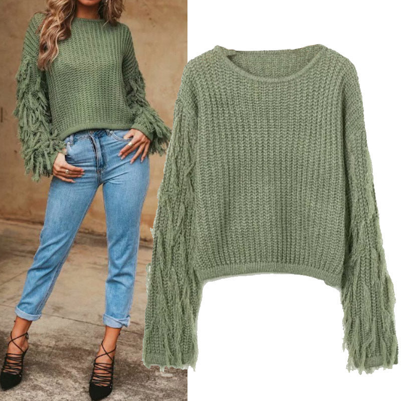 Damen Grobstrickpullover mit fransigen Ärmeln Drune