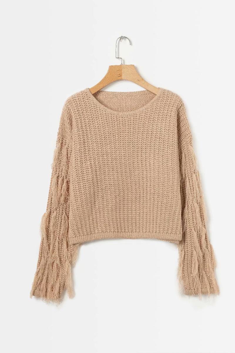 Damen Grobstrickpullover mit fransigen Ärmeln Drune