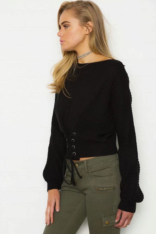 Damen Modischer Strickpullover mit offenem Rücken und dekorativen Knotendetails Drune