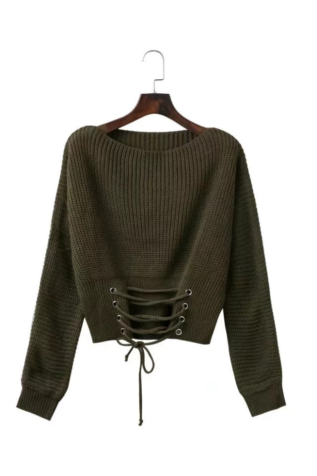 Damen Modischer Strickpullover mit offenem Rücken und dekorativen Knotendetails Drune
