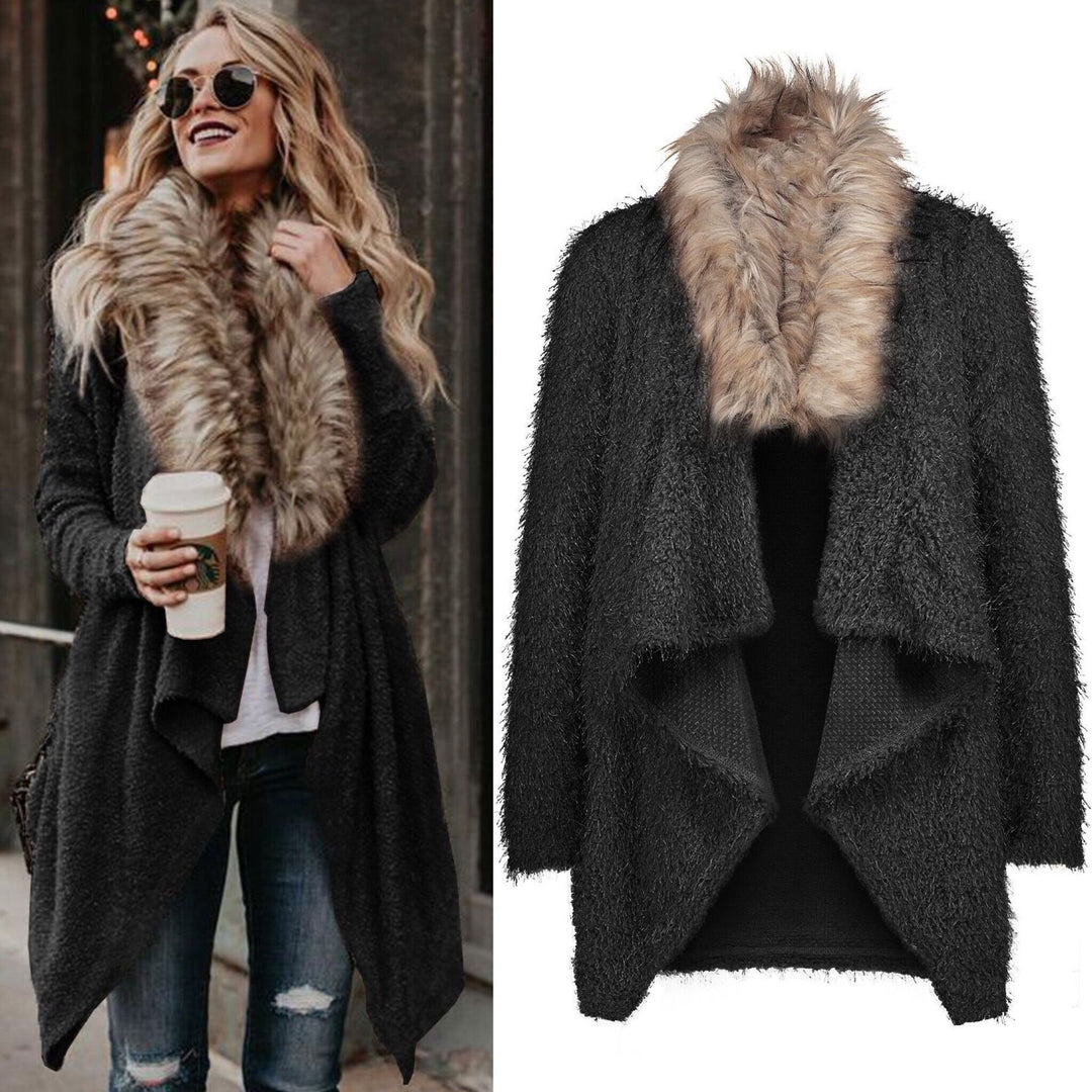 Damen Flauschiger Cardigan mit abnehmbarer Fellkapuze und eleganter Silhouette Drune