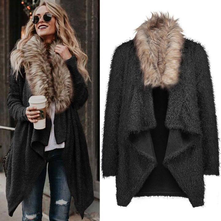 Damen Flauschiger Cardigan mit abnehmbarer Fellkapuze und eleganter Silhouette Drune