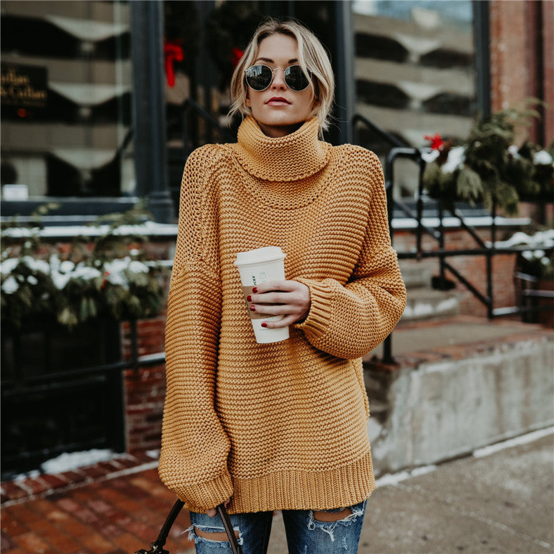 Damen Grobstrick Pullover mit hohem Kragen und oversized Passform Drune