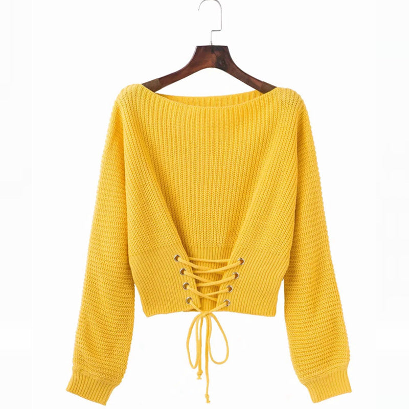 Damen Grobstrickpullover mit offenem Rücken und modischer Schnürung Drune