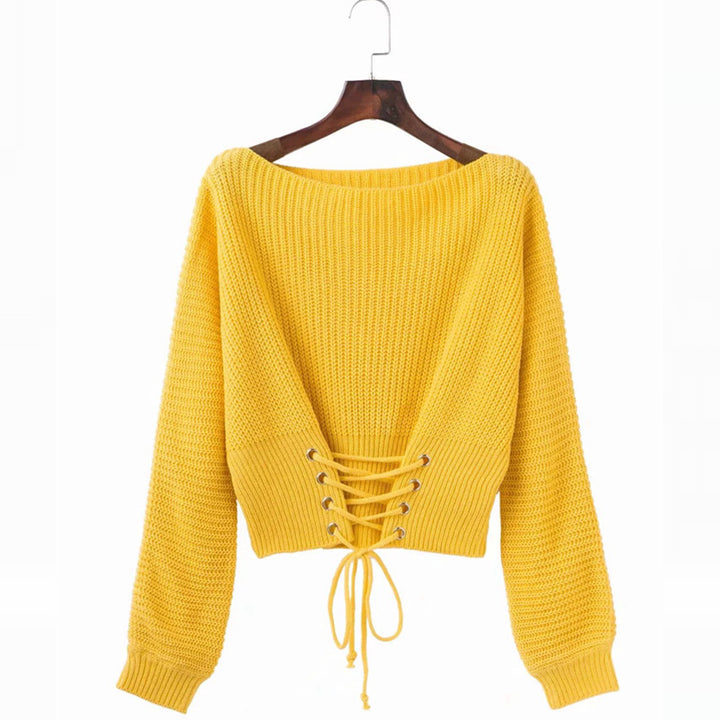 Damen Grobstrickpullover mit offenem Rücken und modischer Schnürung Drune