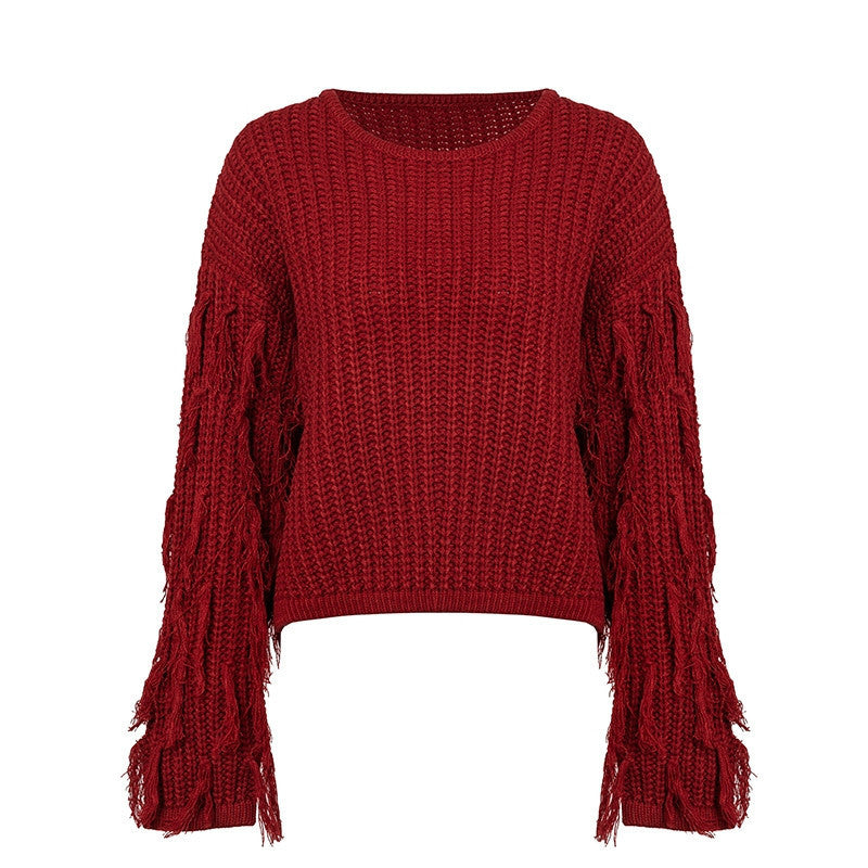 Damen Grobstrickpullover mit fransigen Ärmeln und lässigem Schnitt Drune