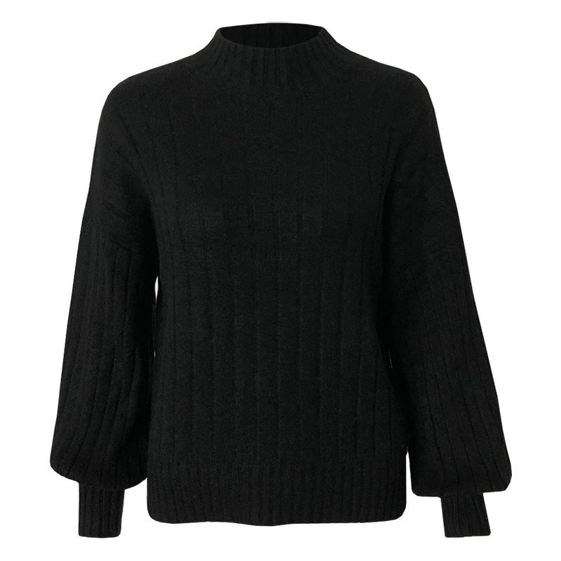 Damen Strickpullover mit hohem Kragen und voluminösen Ärmeln Drune