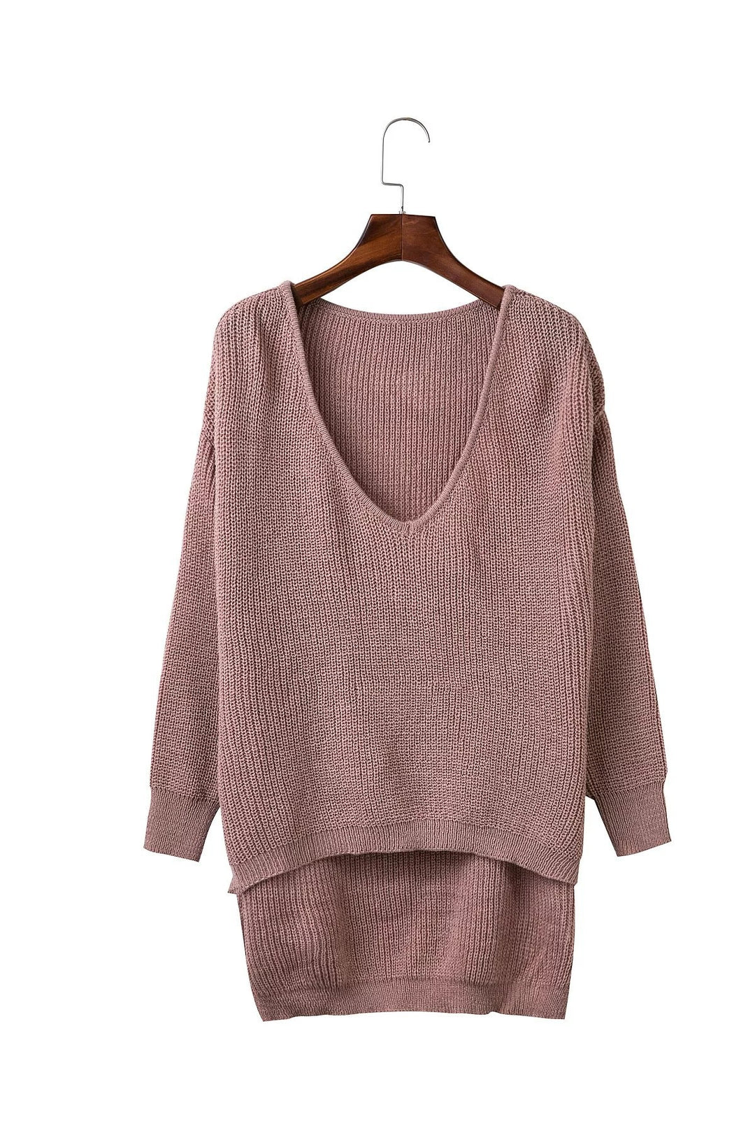Damen lockerer Strickpullover mit tiefem V-Ausschnitt und offenem Rücken Drune