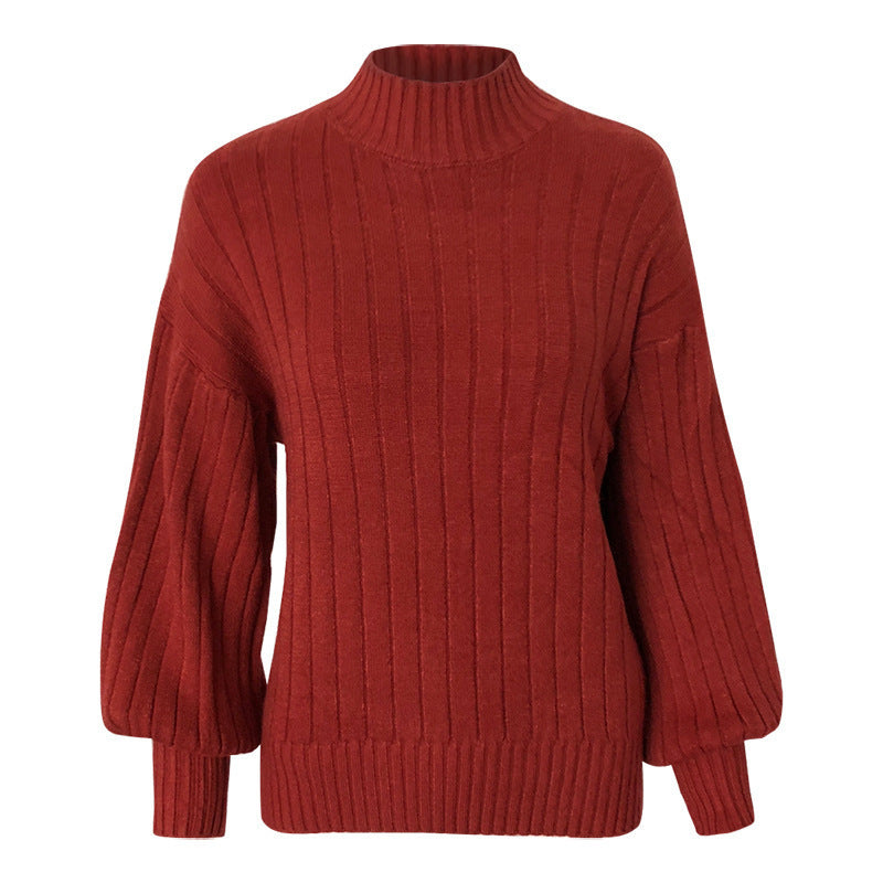 Damen Strickpullover mit hohem Kragen und voluminösen Ärmeln Drune