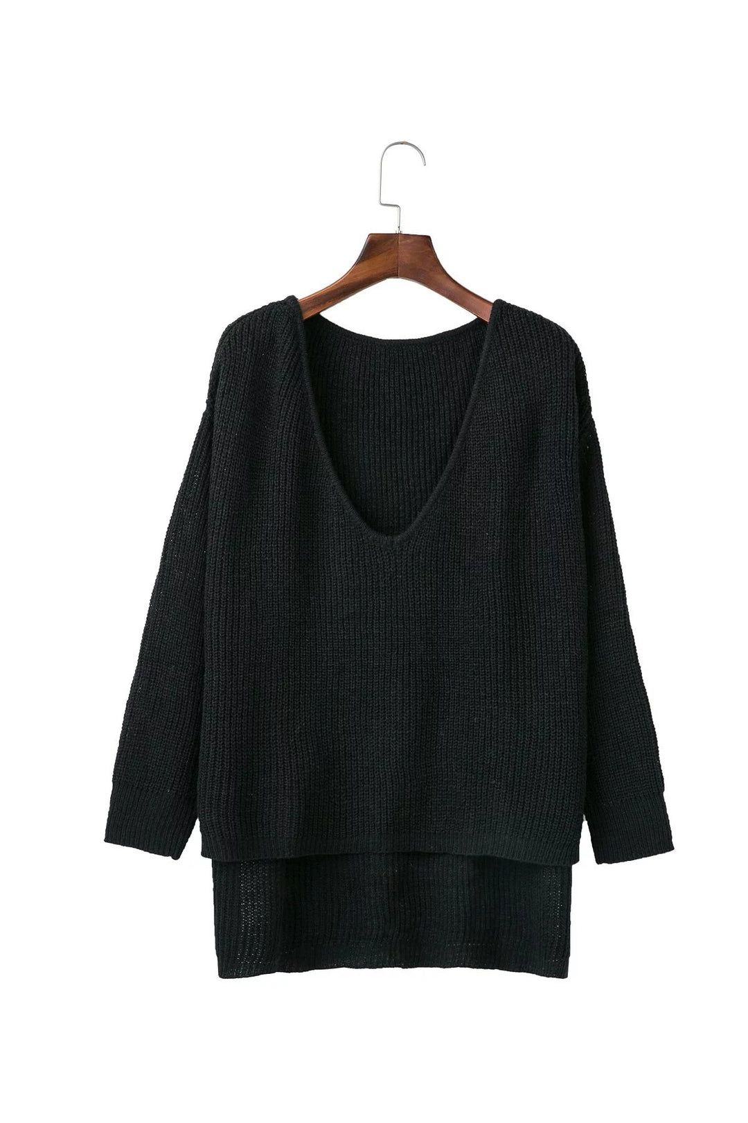 Damen lockerer Strickpullover mit tiefem V-Ausschnitt und offenem Rücken Drune