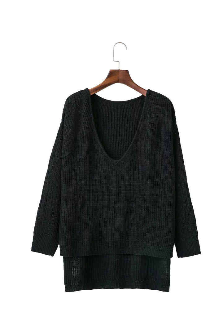 Damen lockerer Strickpullover mit tiefem V-Ausschnitt und offenem Rücken Drune