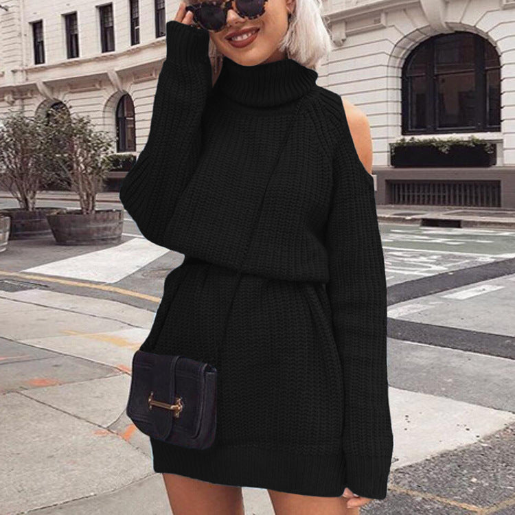 Damen Rollkragen Strickkleid mit offenen Schultern und Taillengürtel Drune