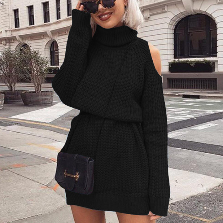Damen Rollkragen Strickkleid mit offenen Schultern und Taillengürtel Drune