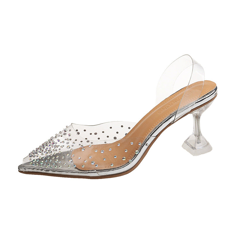 Damen nan PVC-Mule mit spitzer Kappe Strassbesatz Plexiglas-Absatz und gepolstertem Fußbett Drune