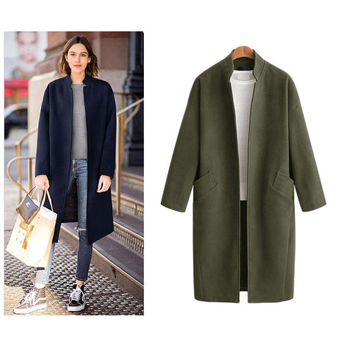 Damen elegante Langjacke mit lässigem Kragen und praktischen Taschen Drune