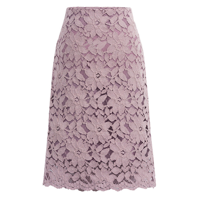 Damen nan knielanger A-Linien Spitzenrock mit floraler Applikationsspitze, hoher Taille und gewelltem Saum Drune