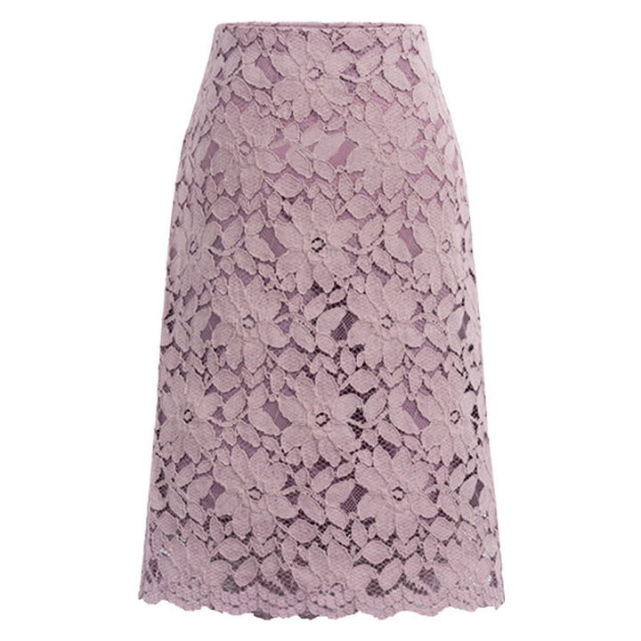 Damen nan knielanger A-Linien Spitzenrock mit floraler Applikationsspitze, hoher Taille und gewelltem Saum Drune
