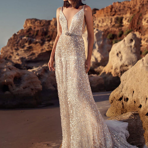 Drune | V-Ausschnitt Ärmelloses Taillensammlungs Silber Paillette Slip Dress