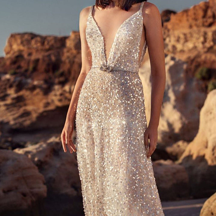 Drune | V-Ausschnitt Ärmelloses Taillensammlungs Silber Paillette Slip Dress