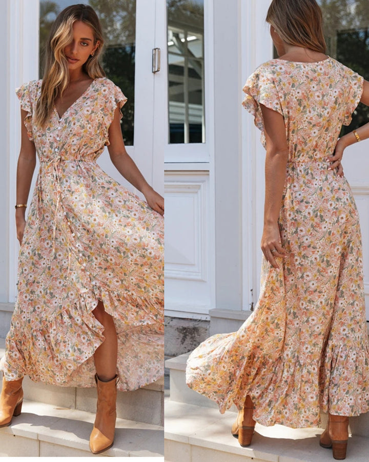 Damen Maxi-Kleid mit voluminösen Rüschen und floralem Design Drune