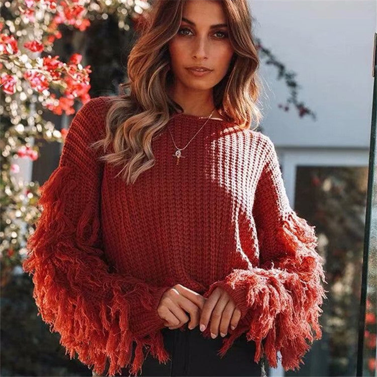 Damen Grobstrickpullover mit modischem Fransendesign und lässiger Passform Drune