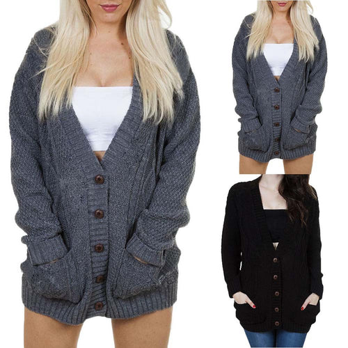 Damen Grobstrick Cardigan mit Knopfverschluss und praktischen Taschen Drune