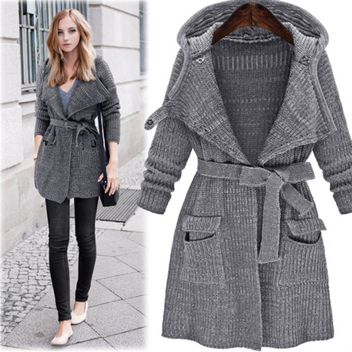 Damen Strickmantel mit Kapuze und praktischen Taschen Drune