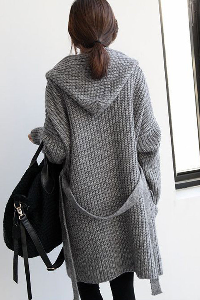 Damen Grober Strickmantel mit praktischen Taschen und modischem Gürtel Drune