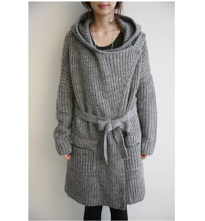 Damen Grober Strickmantel mit praktischen Taschen und modischem Gürtel Drune