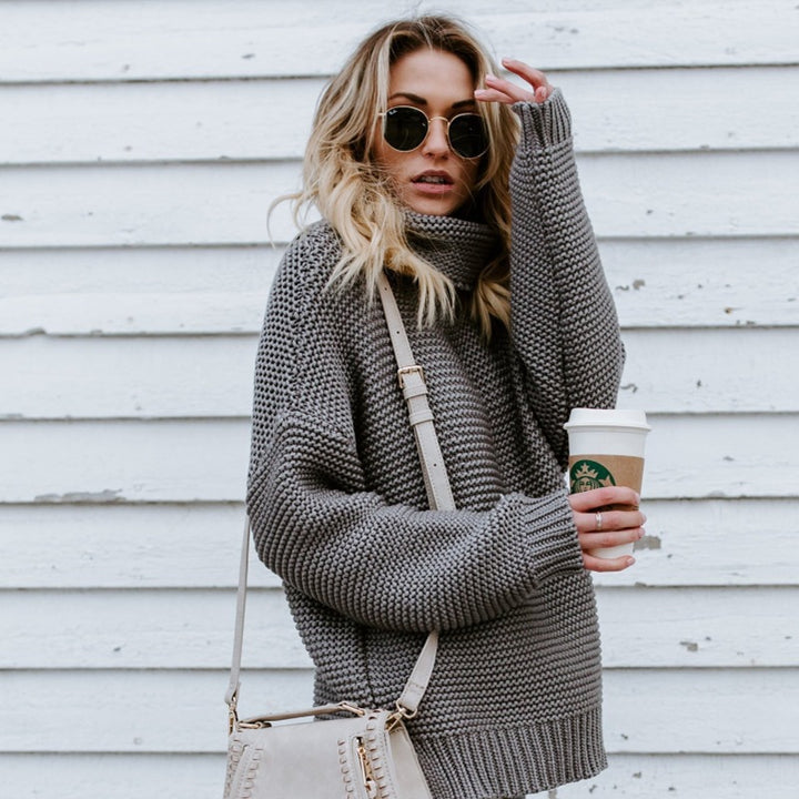Damen Grobstrick Pullover mit hohem Kragen und oversized Passform Drune