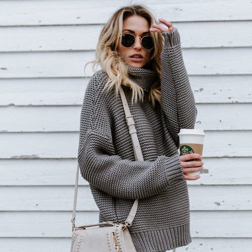Damen Grobstrick Pullover mit hohem Kragen und oversized Passform Drune