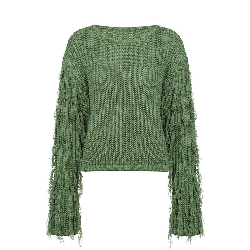 Damen Grobstrickpullover mit fransigen Ärmeln und lässigem Schnitt Drune