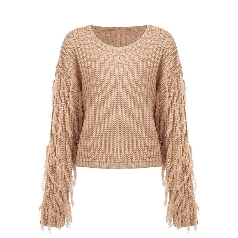 Damen Grobstrickpullover mit fransigen Ärmeln und lässigem Schnitt Drune