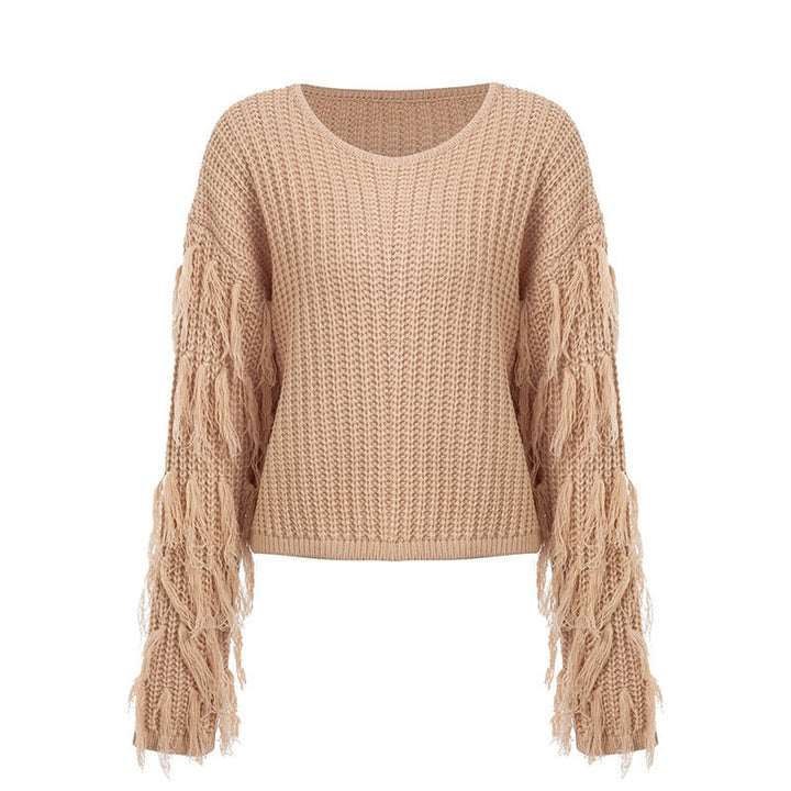 Damen Grobstrickpullover mit fransigen Ärmeln und lässigem Schnitt Drune