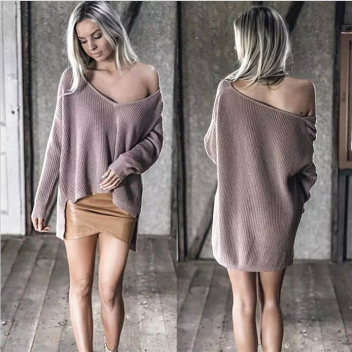 Damen lockerer Strickpullover mit tiefem V-Ausschnitt und offenem Rücken Drune
