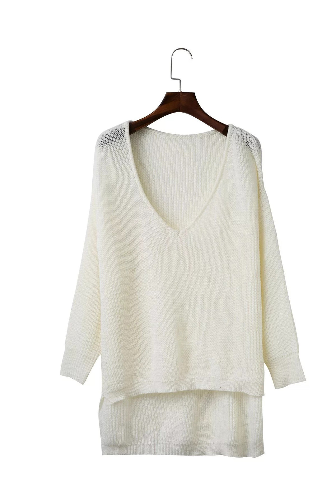 Damen lockerer Strickpullover mit tiefem V-Ausschnitt und offenem Rücken Drune