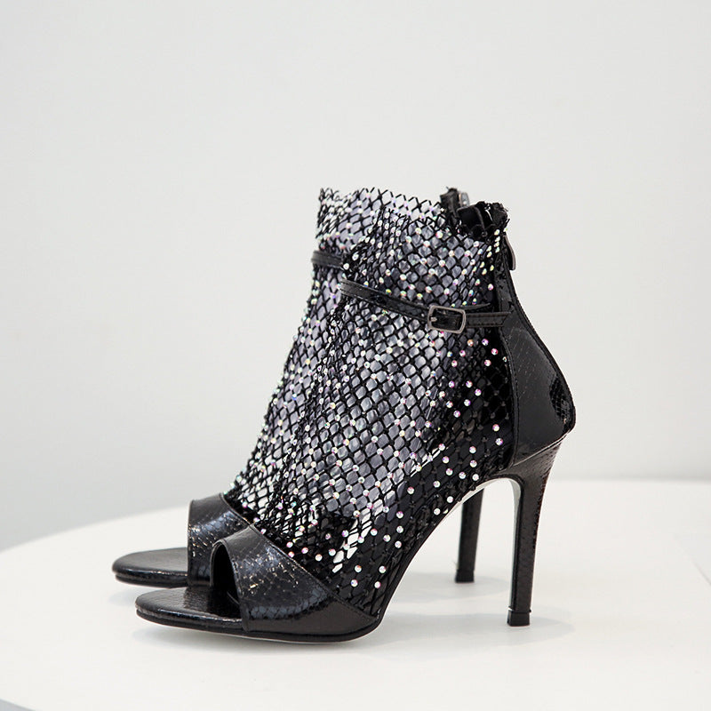 Damen Open-Toe Stiefeletten mit funkelnden Netzdetails und elegantem Absatz Drune