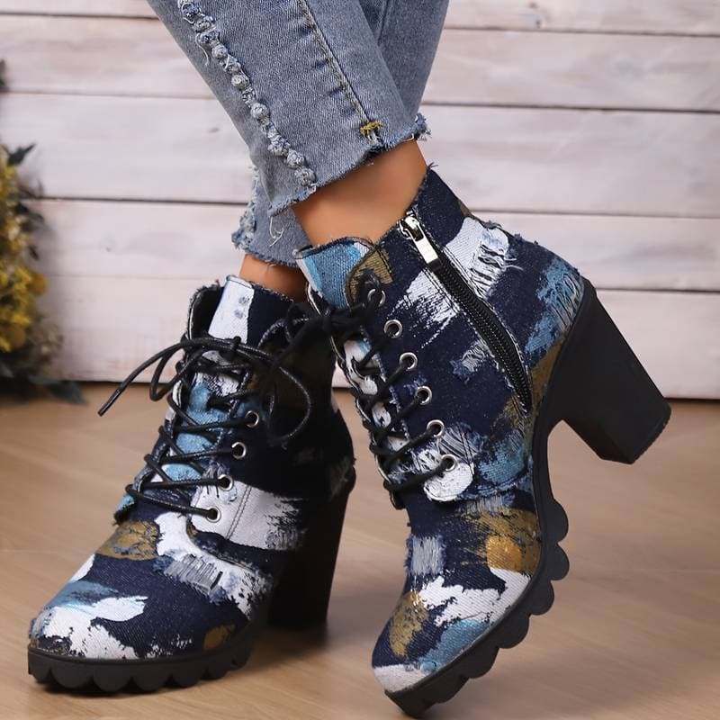 Drune | Stiefeletten Gemustertes Textil Schnürung Blockabsatz Chunky Sohle