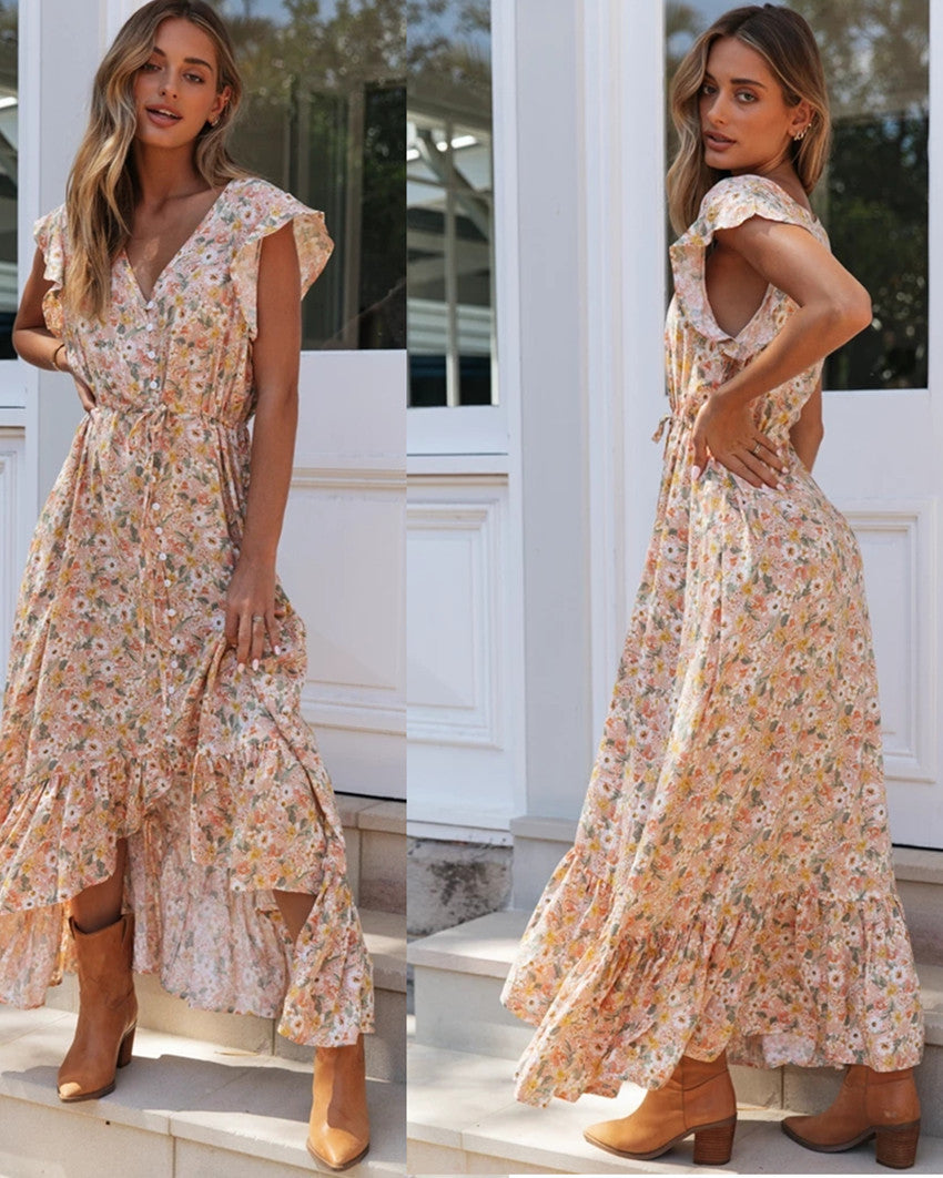 Damen Maxi-Kleid mit voluminösen Rüschen und floralem Design Drune