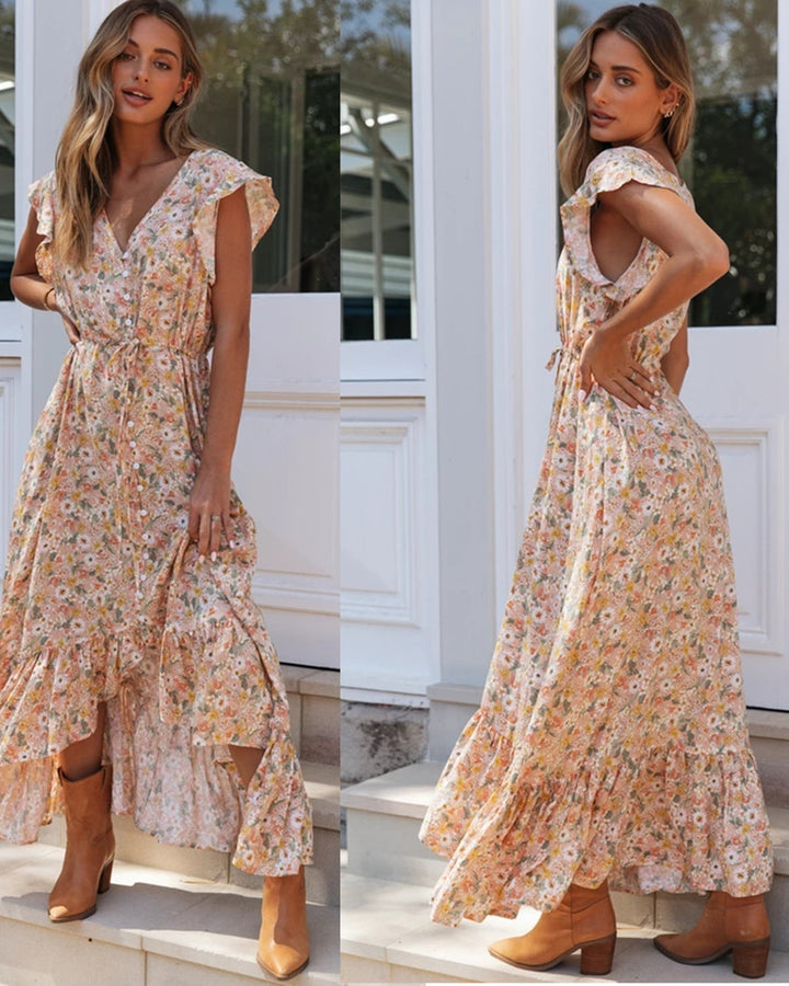 Damen Maxi-Kleid mit voluminösen Rüschen und floralem Design Drune